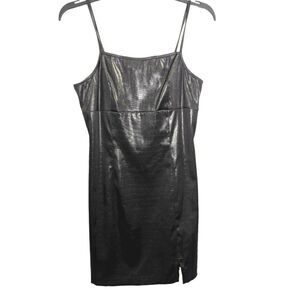 Vintage 90s La Belle black faux croc leather babydoll square neck slip dress 7
